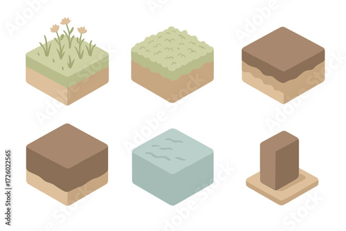 Peat Formation Process Icons. Isometric vector illustration set Peat formation process: plant material layer, sphagnum moss