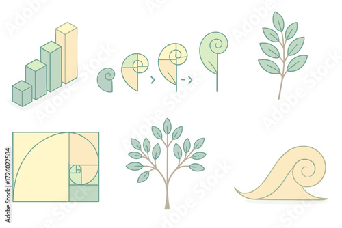 Fibonacci Spiral Growth. Isometric vector illustration set Fibonacci growth concept: stacked blocks increasing size, spiral