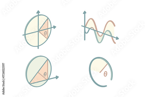 Isometric Pi Diagrams. Isometric vector illustration set Pi in Trigonometry: unit circle diagram, sine cosine wave projection,