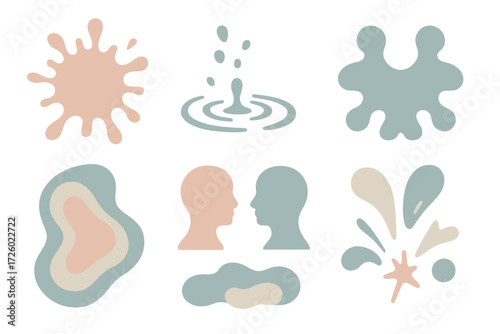Abstract Ink Patterns. Isometric vector illustration set Abstract Ink Patterns: blot spreading outward, droplet splashes, random
