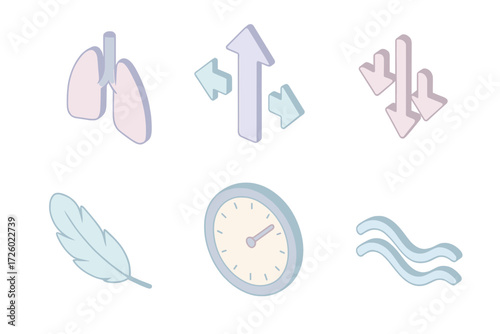 Breathing Techniques Icons. Isometric vector illustration set Breathing Techniques for Calm: lungs icon glowing, inhale expand