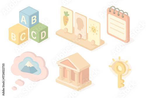 Memory Aid Icons. Isometric vector illustration set Mnemonics and Memory Aids: colorful letter blocks, peg system images, acronym