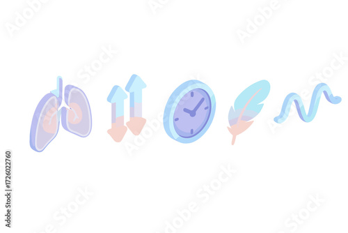 Breathing Techniques Icons. Isometric vector illustration set Breathing Techniques for Calm: lungs icon glowing, inhale expand