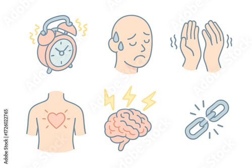 Stress Reaction Icons. Isometric vector illustration set Stress and Reaction: alarm clock ringing, sweating face, nervous shaking
