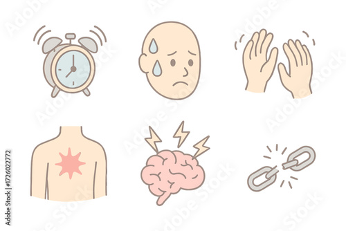 Stress Reaction Icons. Isometric vector illustration set Stress and Reaction: alarm clock ringing, sweating face, nervous shaking