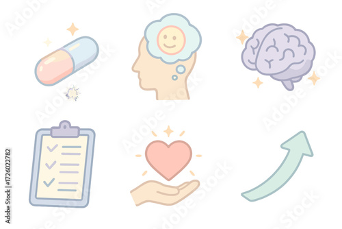 Placebo Effect Icons. Isometric vector illustration set Placebo Effect Concept: pill capsule glowing, human head silhouette with