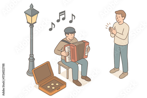 Street Music Vibes. Isometric vector illustration set Street Music Performance: busker with accordion, open instrument case with