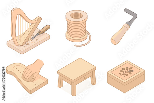 Harp Craftsmanship Icons. Isometric vector illustration set Harp Craftsmanship: wooden frame being carved, strings coil set,