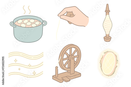 Silk Spinning Icons. Isometric vector illustration set Silk Thread Spinning: boiling pot with cocoons, hand pulling single