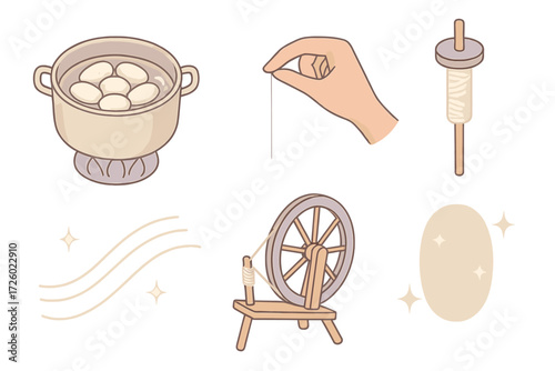 Silk Spinning Icons. Isometric vector illustration set Silk Thread Spinning: boiling pot with cocoons, hand pulling single