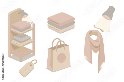 Luxury Cashmere Boutique. Isometric vector illustration set Luxury Cashmere Boutique: shop display shelf, folded sweaters,