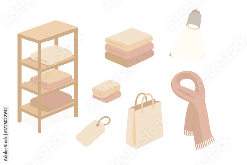 Luxury Cashmere Boutique. Isometric vector illustration set Luxury Cashmere Boutique: shop display shelf, folded sweaters,