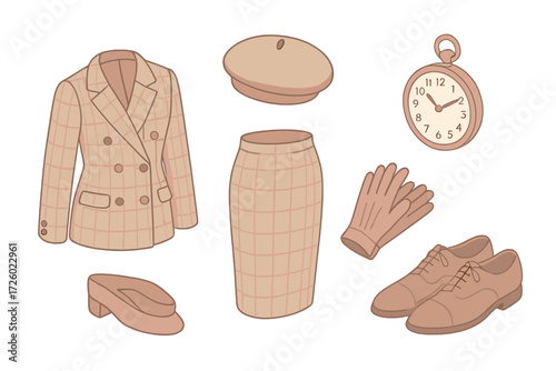 Vintage Tweed Fashion Icons. Isometric vector illustration set Vintage tweed fashion: double-breasted blazer, pencil skirt, beret,
