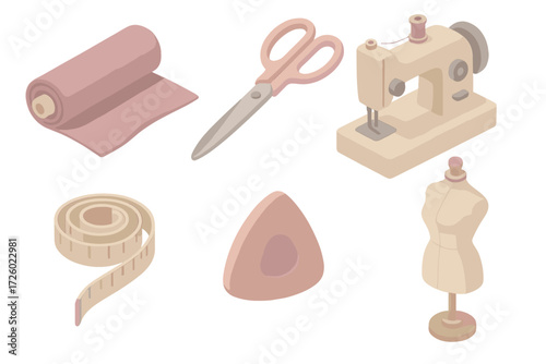 Velvet Fabric Workshop. Isometric vector illustration set Velvet fabric workshop: fabric roll, cutting shears, sewing machine,