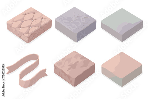 Velvet Texture Icons. Isometric vector illustration set Velvet textile patterns: quilted swatch, embossed fabric, crushed velvet,