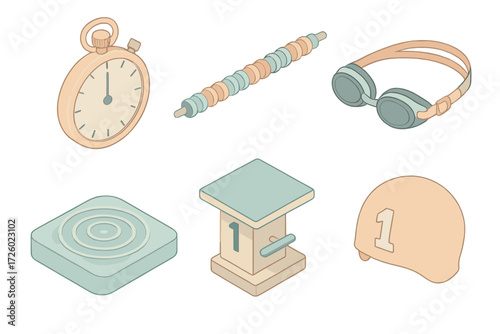 Swimming Race Elements. Isometric vector illustration set Swimming race timing: stopwatch, swimming lane marker, goggles, starting