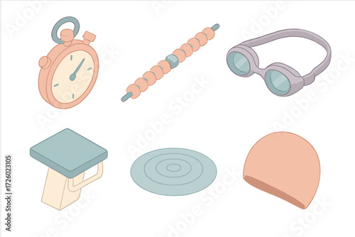 Swimming Race Elements. Isometric vector illustration set Swimming race timing: stopwatch, swimming lane marker, goggles, starting