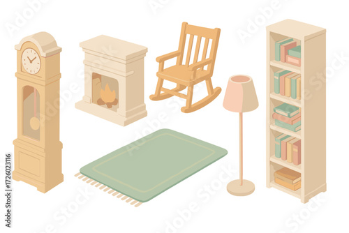 Cozy Family Living Room. Isometric vector illustration set Family living room: grandfather clock, fireplace mantle, rocking chair,