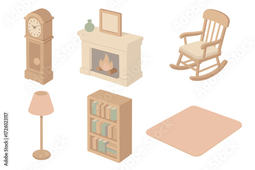 Cozy Family Living Room. Isometric vector illustration set Family living room: grandfather clock, fireplace mantle, rocking chair,