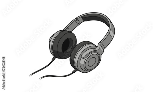 A detailed, hand-drawn sketch of modern cabled over-ear headphones in monochrome.