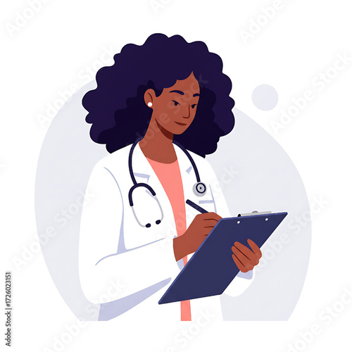 Professional Black Woman Doctor Writing on Clipboard Vector Illustration