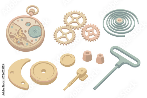 Precision Instruments Illustration. Isometric vector illustration set Precision instruments: chronometer mechanism, gear wheels,