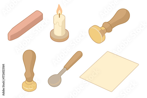 Classic Wax Seal Tools. Isometric vector illustration set Classic wax seal tools: sealing wax stick, lit candle, brass stamp,