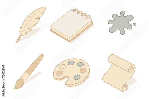 Art Tools Collection. Isometric vector illustration set Artistic inspiration: quill pen, sketch pad, ink splash, paintbrush,