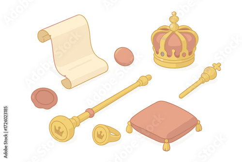 Royal Symbols Set. Isometric vector illustration set Royal decree: scroll parchment, wax seal, crown, scepter, signet ring, velvet