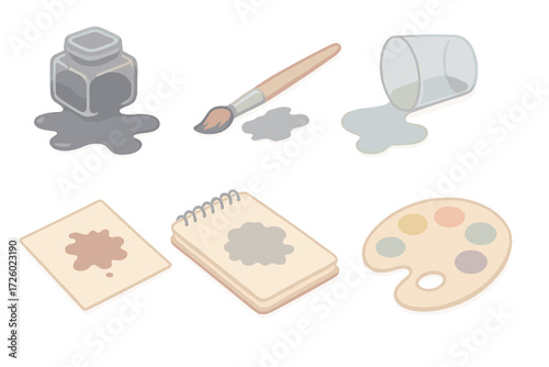 Artist's Creative Chaos. Isometric vector illustration set Artist mess: ink jar spill, paintbrush fallen, sketchbook smudge, water