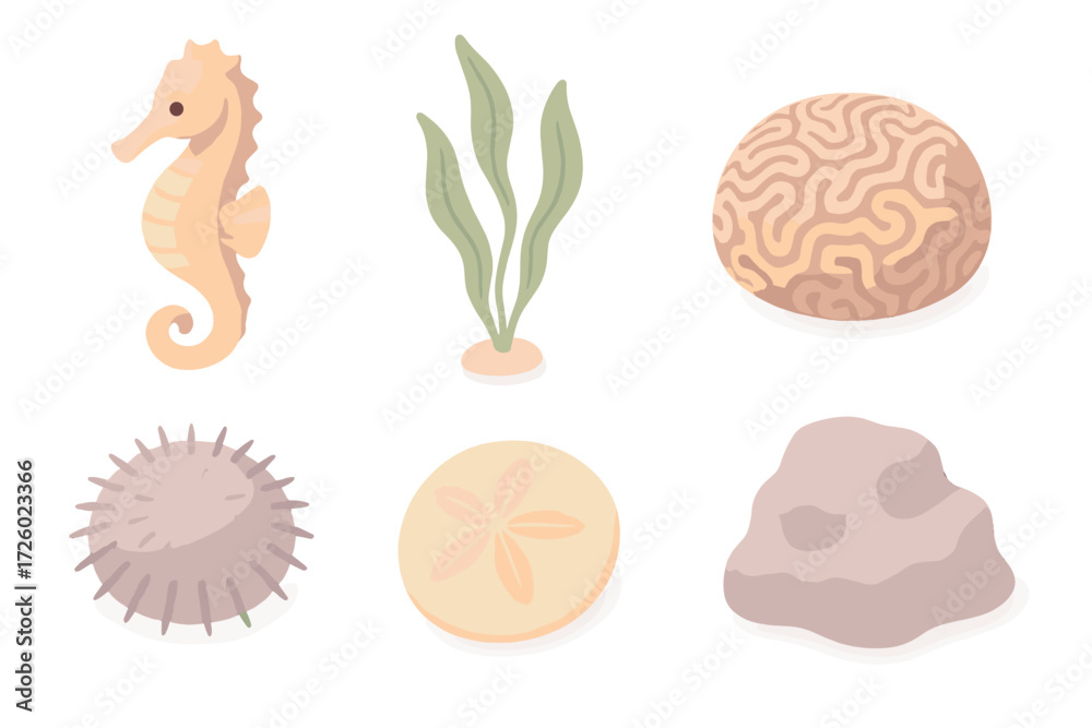 Obraz premium Marine Environment Icons. Isometric vector illustration set Marine environment: seahorse, kelp strand, brain coral, sea urchin,