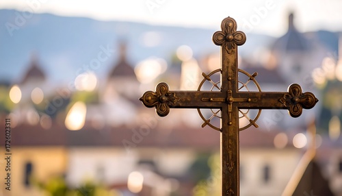 Ornate cross against a blurred cityscape