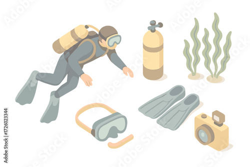Underwater Diving Icons. Isometric vector illustration set Diving scene: scuba diver, oxygen tank, kelp plants, flippers, mask,