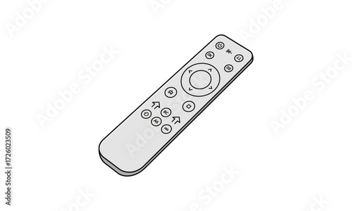 A minimalist black and white line drawing of a modern television remote control with a circular navigation pad.