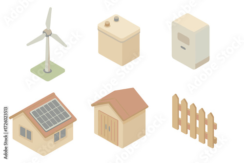 Eco-Friendly Home Setup. Isometric vector illustration set Home wind power: small backyard turbine, battery storage box, inverter,