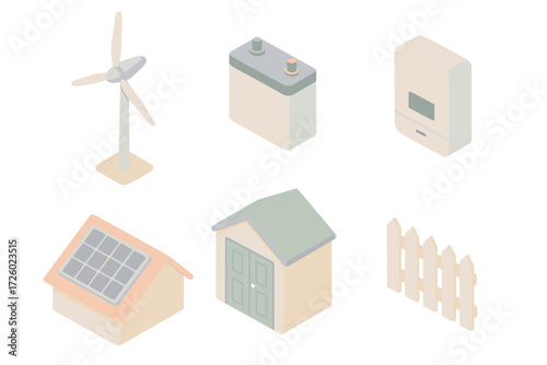 Eco-Friendly Home Setup. Isometric vector illustration set Home wind power: small backyard turbine, battery storage box, inverter,