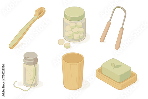 Eco Oral Care Tools. Isometric vector illustration set Eco-friendly oral care: bamboo toothbrush biodegradable handle, toothpaste