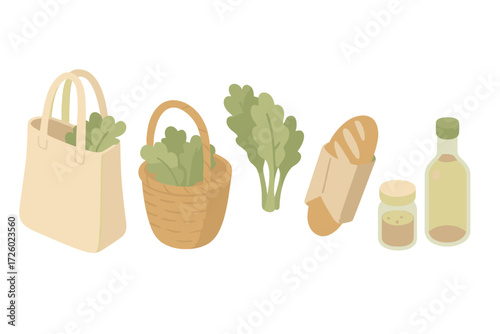 Sustainable Shopping Icons. Isometric vector illustration set Sustainable shopping lifestyle: reusable grocery bag, wicker basket,