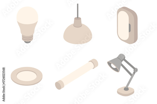 Modern Home Lighting Icons. Isometric vector illustration set Modern home light sources: LED bulb efficient light, pendant lamp,