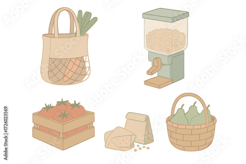 Zero Waste Market. Isometric vector illustration set Local market zero waste: reusable grocery bag, bulk dispenser container,