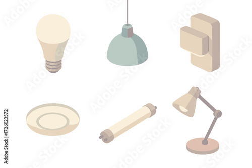 Modern Home Lighting Icons. Isometric vector illustration set Modern home light sources: LED bulb efficient light, pendant lamp,