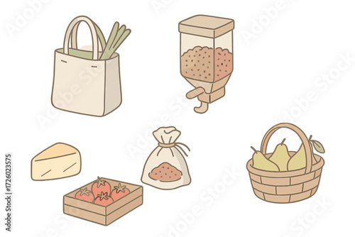 Zero Waste Market. Isometric vector illustration set Local market zero waste: reusable grocery bag, bulk dispenser container,