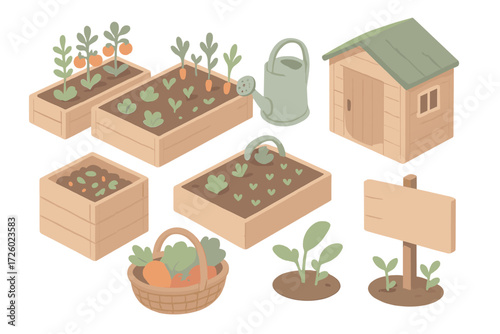 Community Garden Icons. Isometric vector illustration set Community gardening project: raised garden beds, compost bin, watering