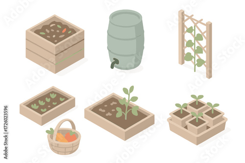 Eco Gardening Icons. Isometric vector illustration set Eco community gardening: compost heap, rain barrel, raised beds, plant