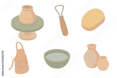 Clay Shaping Essentials. Isometric vector illustration set Clay shaping process: spinning wheel with clay, trimming loop, sponge