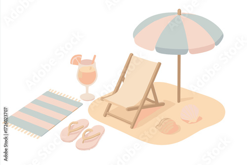 Ocean Holiday Essentials. Isometric vector illustration set Ocean view holiday: towel for sunbathing, lounge chair, umbrella,