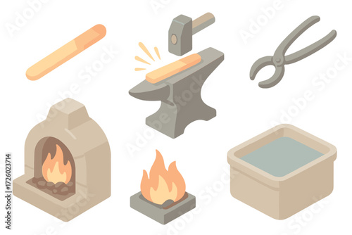 Iron Forging Icons. Isometric vector illustration set Iron forging process: hot metal rod, hammer on anvil, tongs, forge fire,