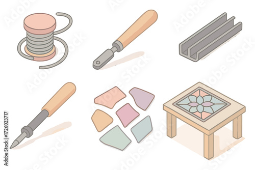 Stained Glass Tools. Isometric vector illustration set Traditional stained glass craft: stained glass lead color, glass cutter