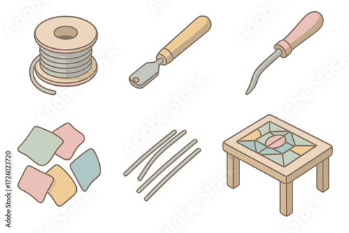 Stained Glass Tools. Isometric vector illustration set Traditional stained glass craft: stained glass lead color, glass cutter