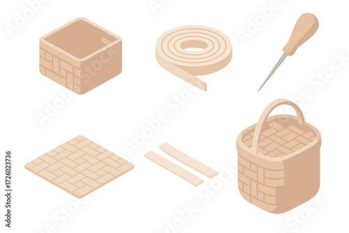 Handcrafted Wickerwork Icons. Isometric vector illustration set Handcrafted wickerwork: basket weave reed handmade, coil of cane,